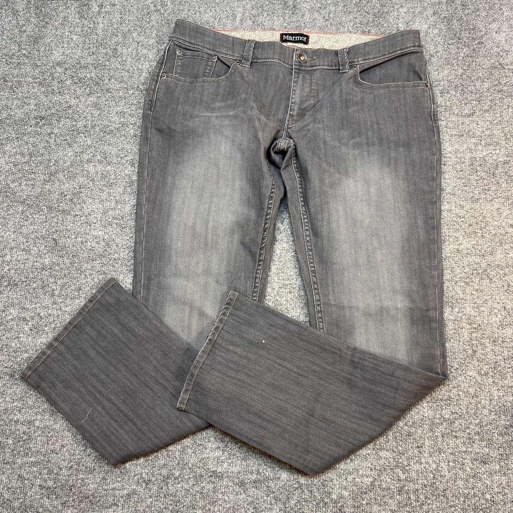 Marmot Jeans Womens 12 Gray Charcoal Wash Mid Rise Straight Denim 5 Pocket Logo